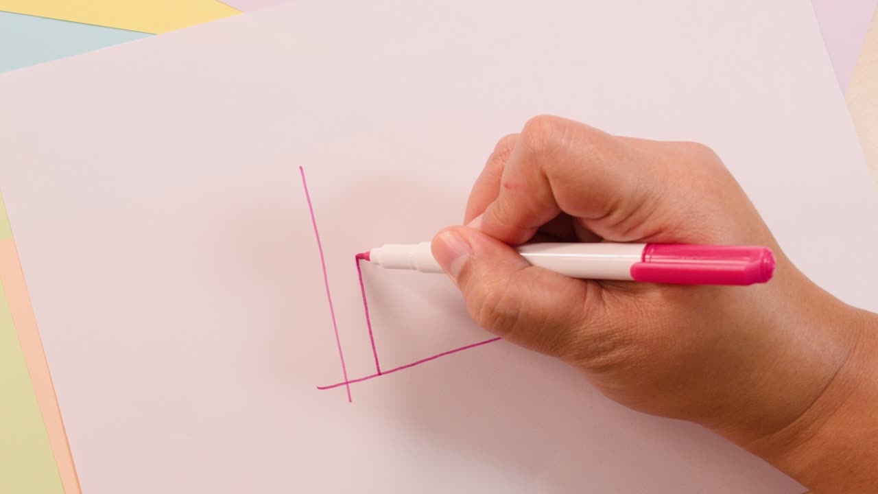 Person draws bar graph step-by-step on white paper, top-down view, soft even lighting