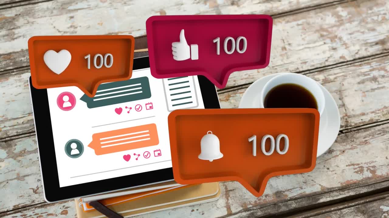 amor, como y símbolos de recordatorio y el aumento de los números sobre la taza de café y la tableta en la mesa