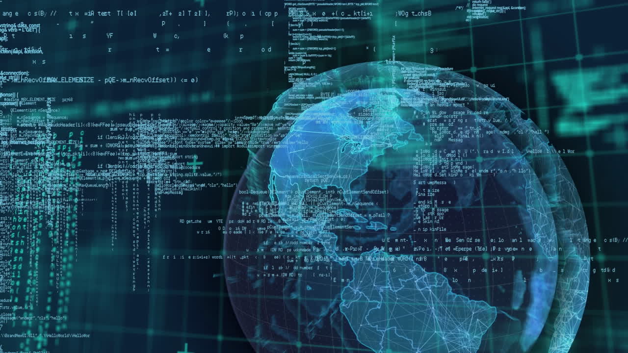 Animation of globe and data processing on black background