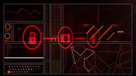Animation of digital data processing over network of connections with icons on black background