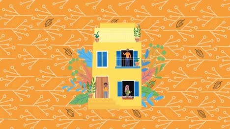 Animation-of-illustration-of-happy-parents-and-son-in-yellow-house,-on-orange-with-twigs-and-leaves