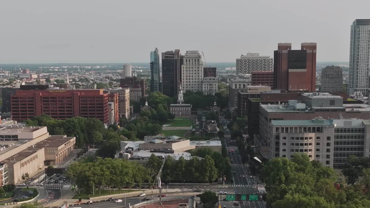 Cityscape view of Philadelphia skyline captured from a drone