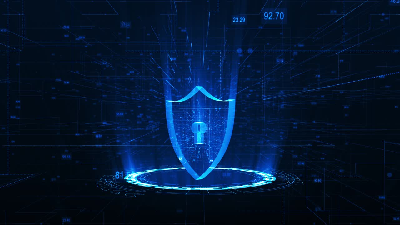 Motion graphic of Blue security shield with rotation circle technology abstract background Network security concept seamless loop video