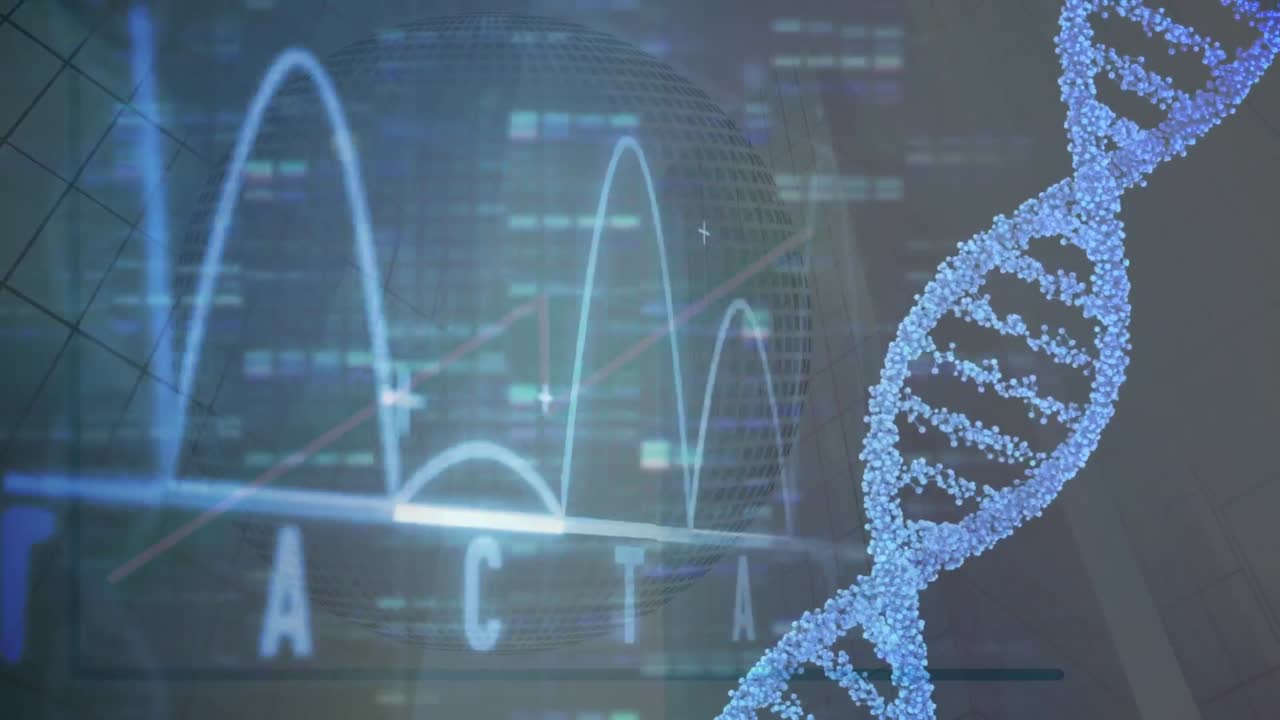 Animation of dna chain over genome data on dark blue screen