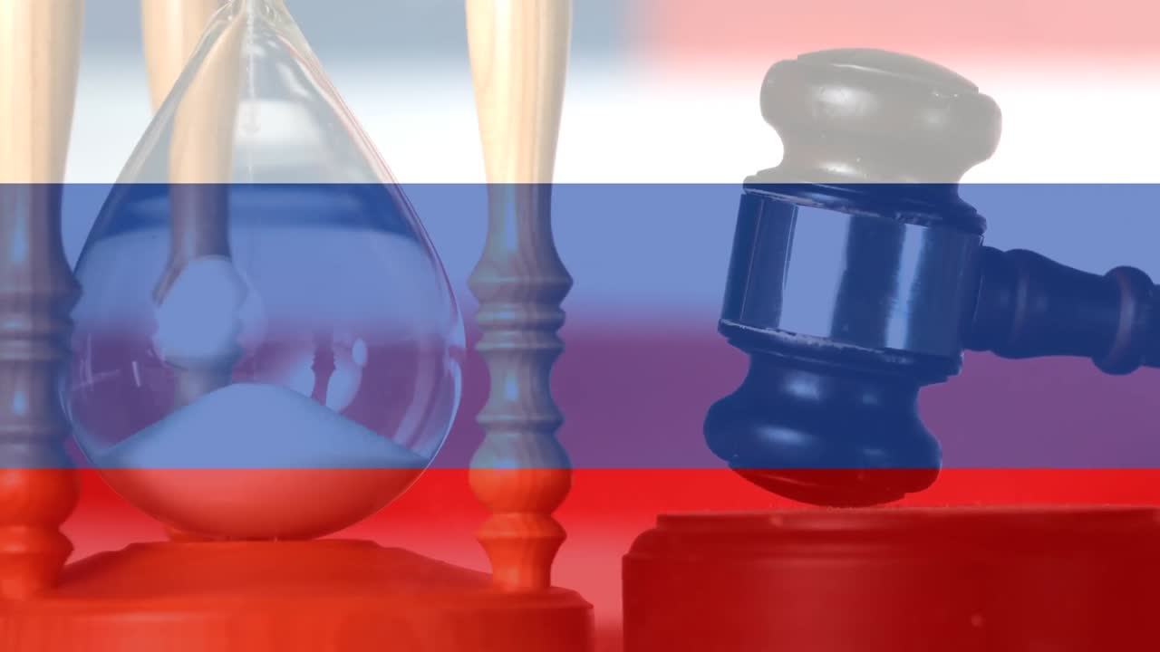 Digitally animation of Russian Flag, hour glass and gavel 4k