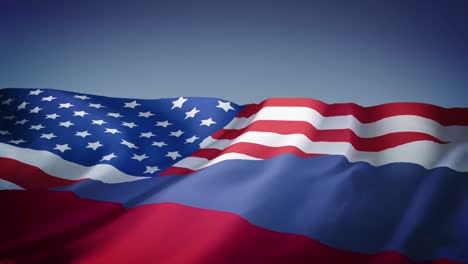 animation of waving combined flag of united states and russia with blue background