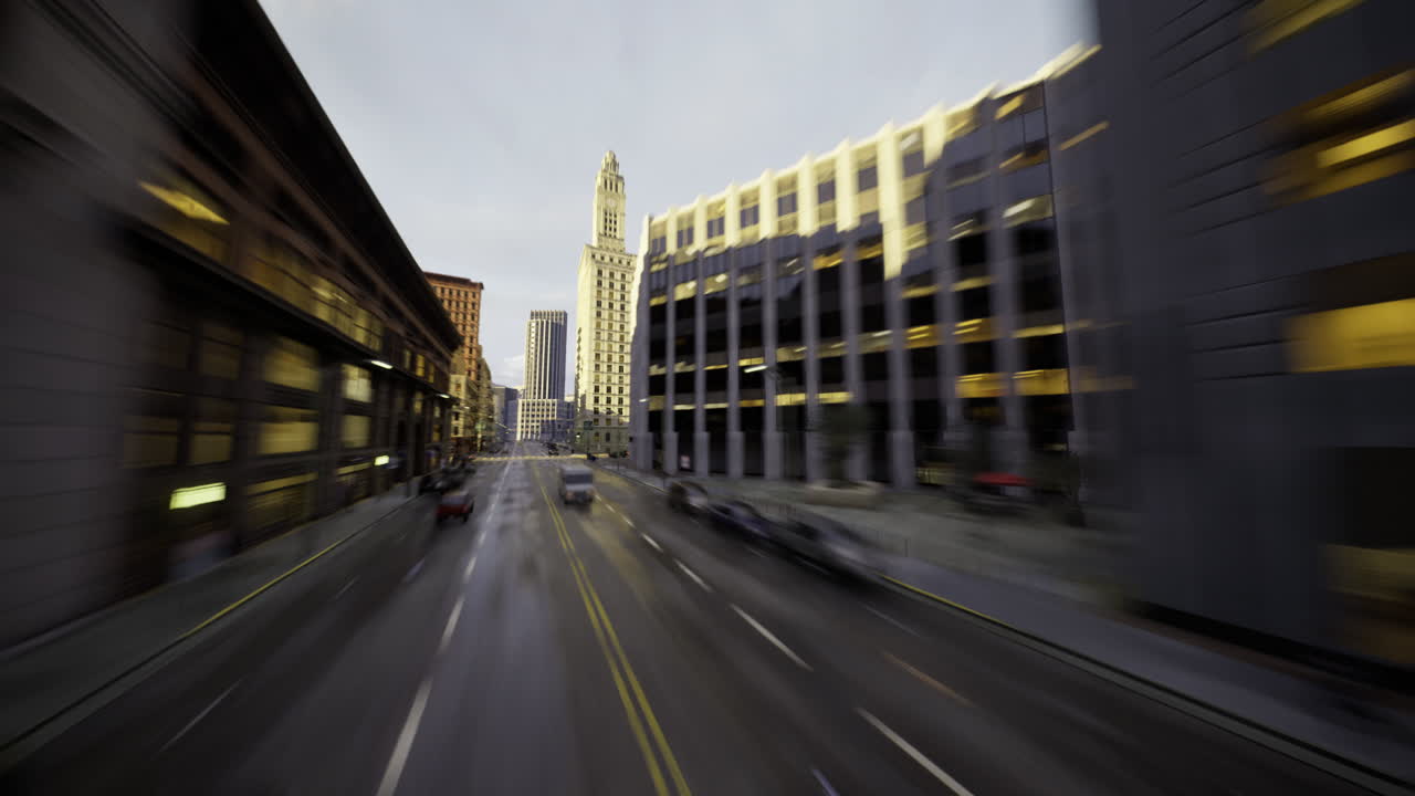 City street view during twilight with blurred buildings and cars