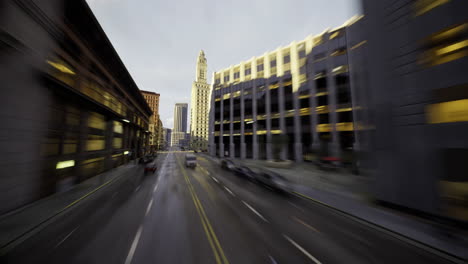 city street view during twilight with blurred buildings and cars