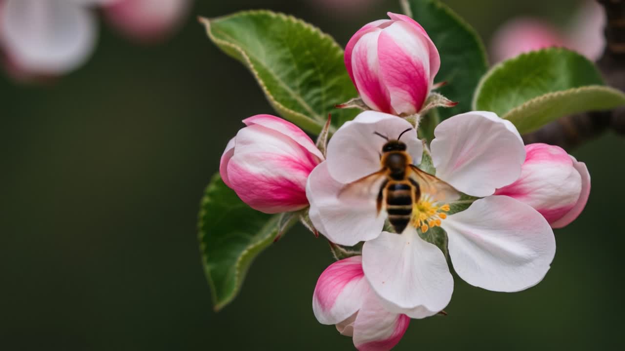 A Close-Up of a Blooming Apple Blossom with a Honeybee Pollinating, Showcasing the Stunning Pink and White Petals in the Background of Nature