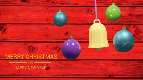 Animation-of-christmas-greetings-text-over-christmas-decorations-on-red-background