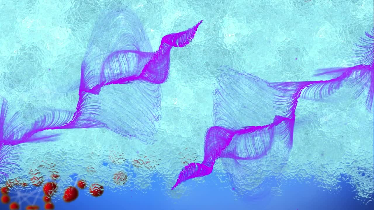 파란색 배경에서 분자와 분홍색 파동으로 회전하는 dna 사슬의 애니메이션