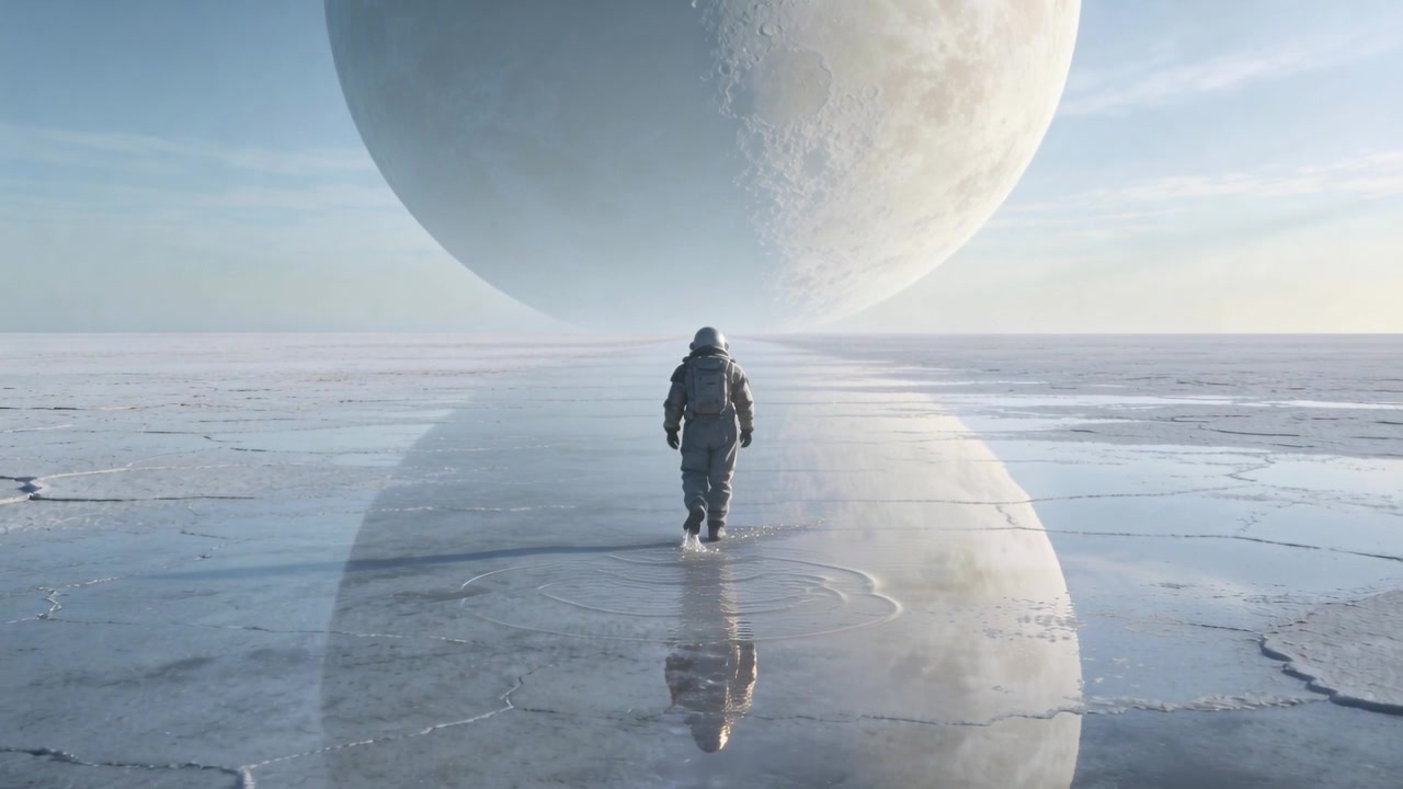 Walking suited explorer wearing helmet after spotting huge sphere on horizon, rippling mirror ice