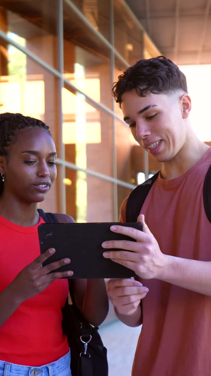 Dois Jovens Estudantes Discutindo Conteúdo em um Tablet Digital ao Ar Livre