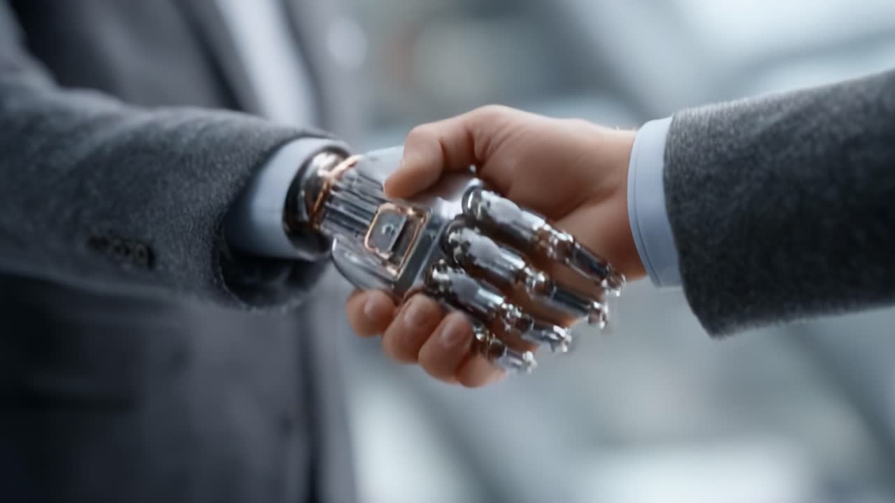 A Moment of Connection: The Symbolic Handshake Between Human and Robot Indicating a New Era of Collaboration and Technology in Modern Society