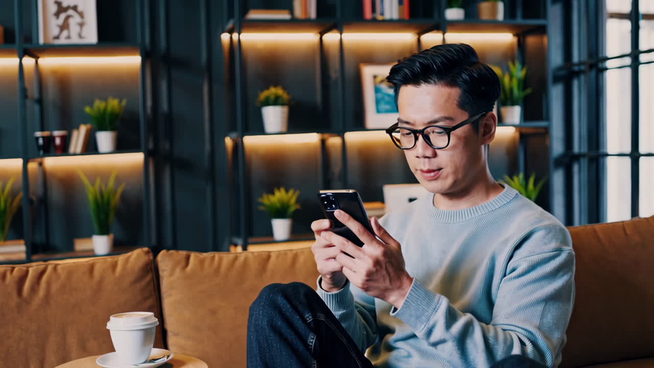 남자는 카페에서 스마트 폰을 사용 하여