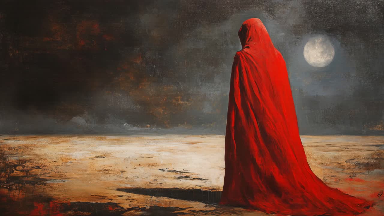 Figure in Red Cloak Under a Full Moon