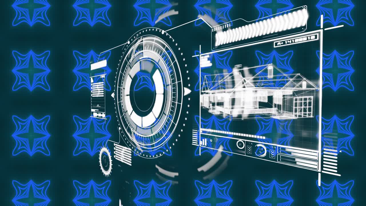 파란색 칼레도스코프 패턴을 통해 데이터 처리에 대한 인터페이스의 애니메이션