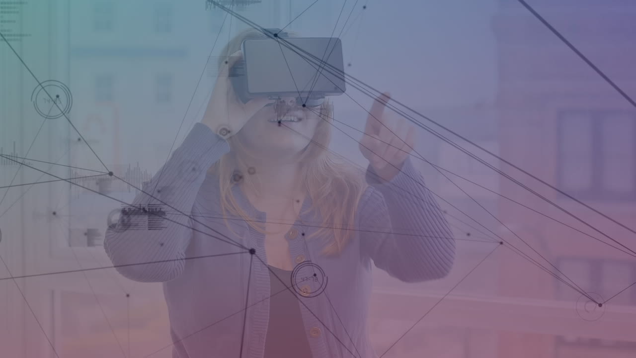 Animation of connections over caucasian woman using vr headset