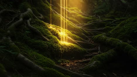 Mystical golden beams pouring down onto a lush forest floor, illuminating the rich green moss and twisting roots, creating an enchanting and serene woodland atmosphere