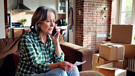 A woman is on the phone in a living room