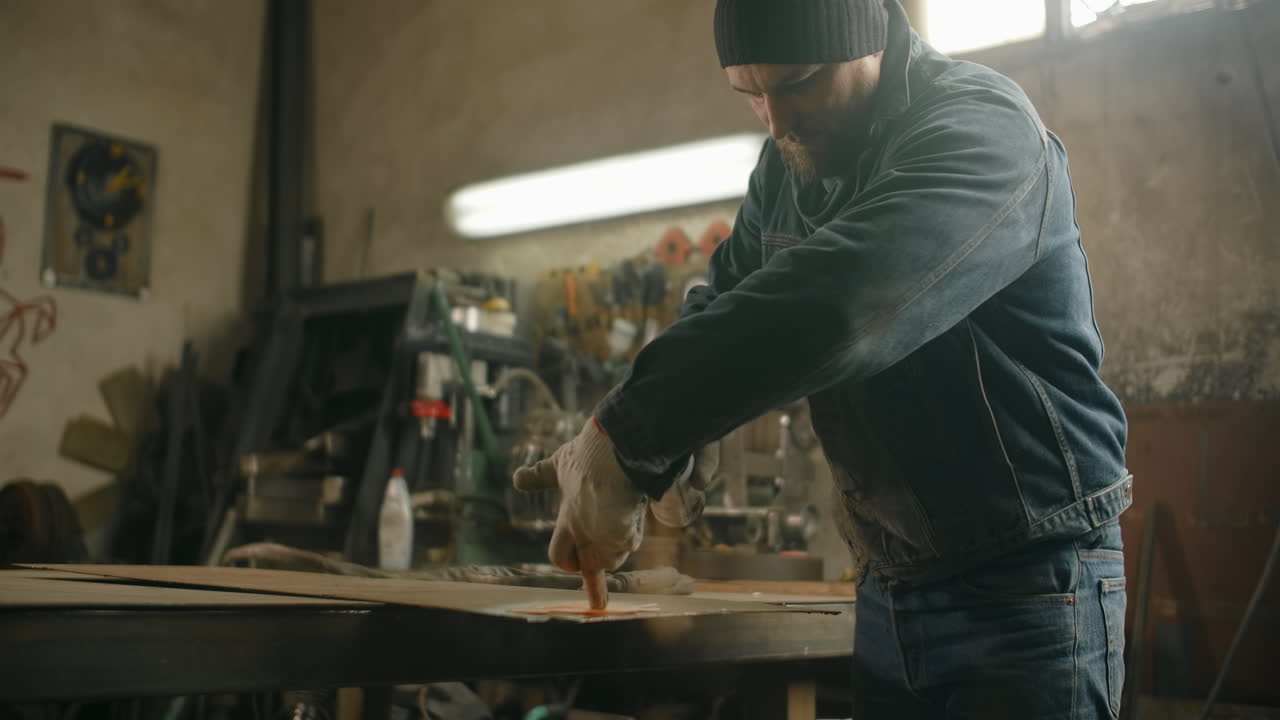 Man Spray Painting Metal in a Workshop