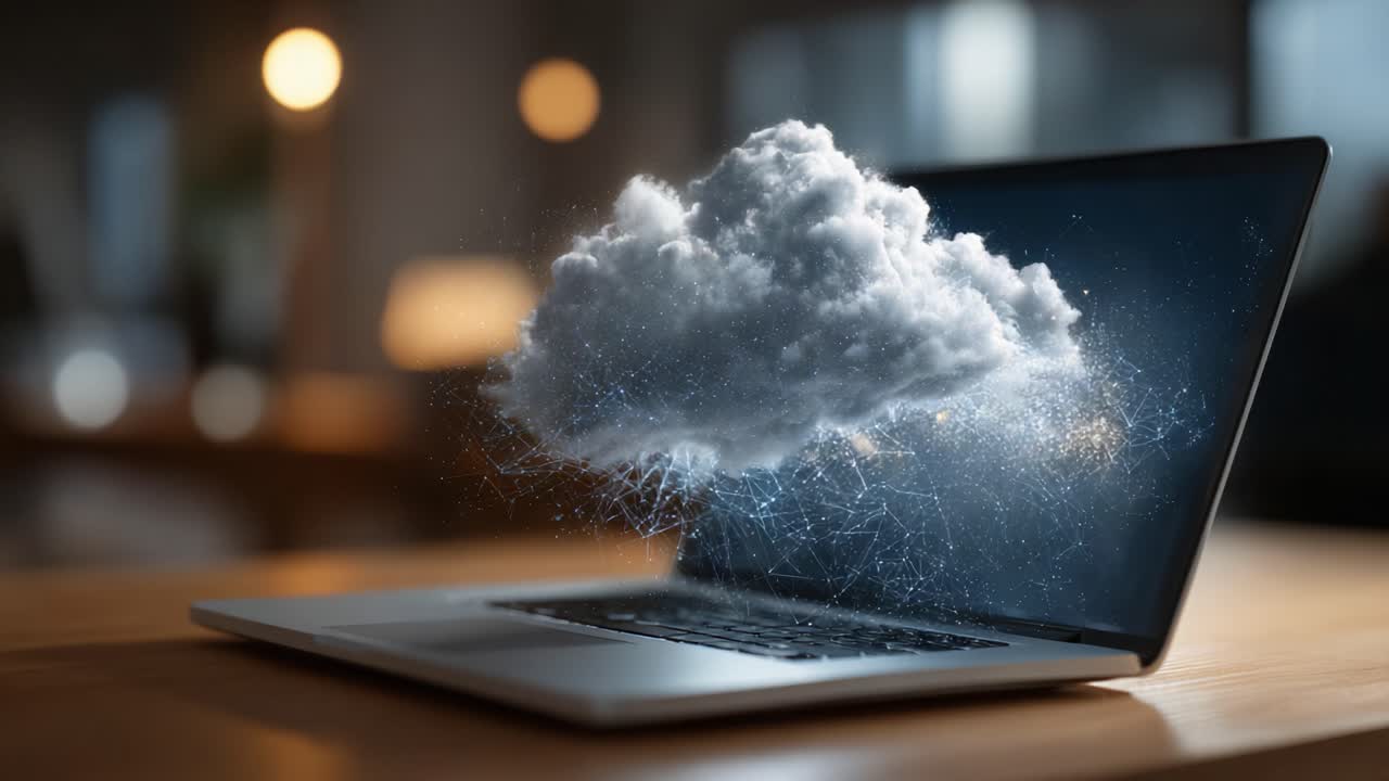 A Stunning Visual Representation of Cloud Computing with a Laptop Displaying a Floating Cloud, Highlighting the Intersection of Technology and Digital Data Storage