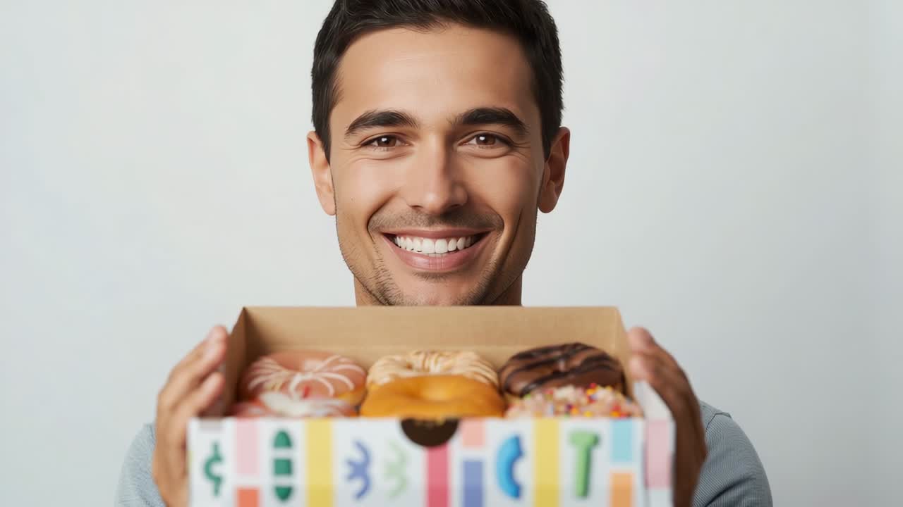 Holding smiling male in gray shirt tilting box of assorted doughnuts forward at light gray backdrop