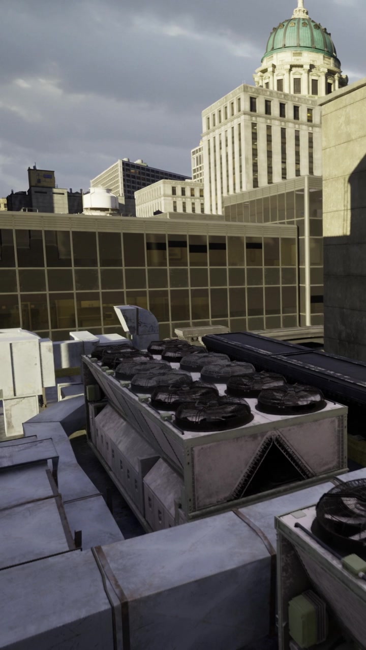 Rooftop scene features large cooling units surrounded by tall buildings