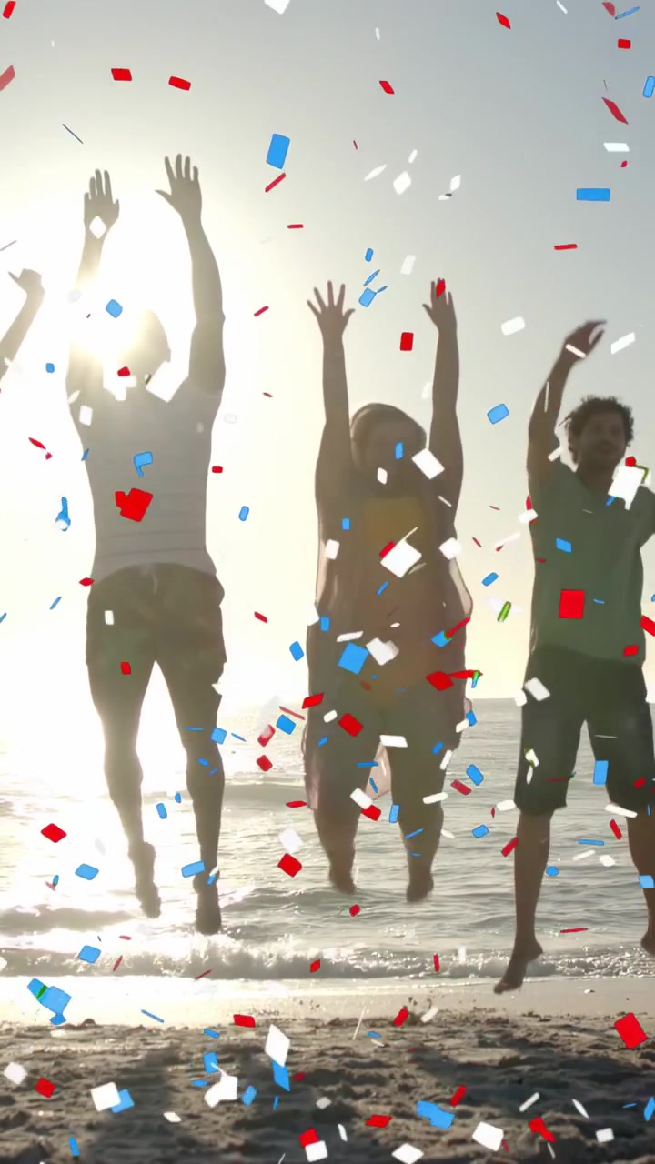 Video verticale: Trio centrale che reagisce a coriandoli animati, eseguendo salti sulla spiaggia per il marketing.