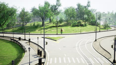 roundabout with green vegetation in a quiet urban setting during daylight