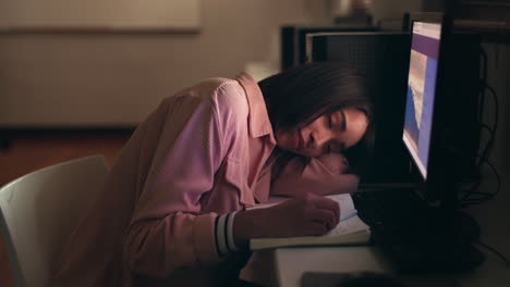 desk, sleeping student and tired woman