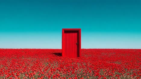 a red door in a field of red flowers