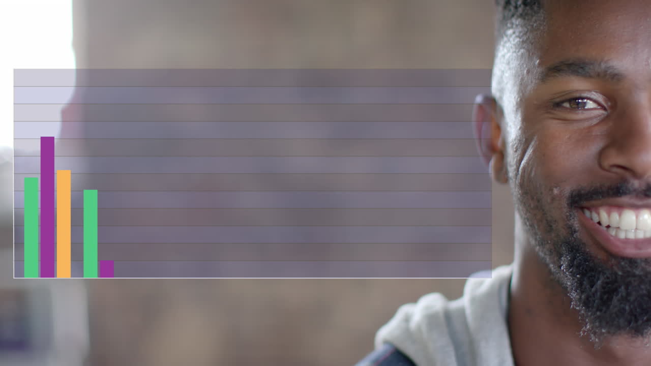 animación de diagramas sobre feliz hombre de negocios afroamericano en la oficina