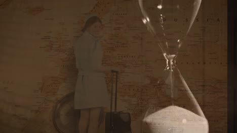 animation of hourglass over compass with caucasian female flight attendant and world map