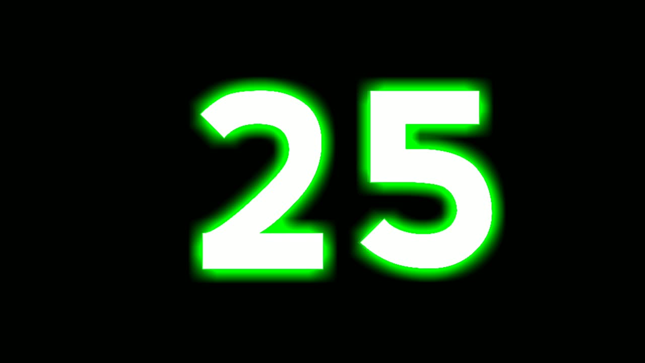 Neon number 25 sign symbol modern animation motion graphics flicking on black background,green color glowing and shining for video elements
