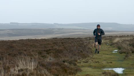 male athlete runner training over moorland countryside along path uk 4k