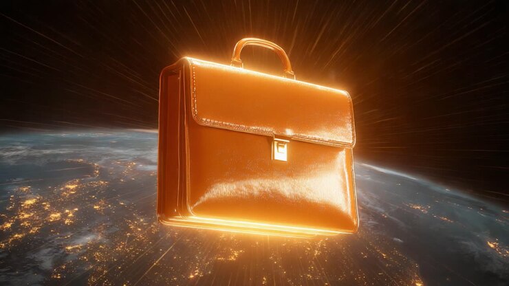 Una valigetta in pelle lucida che brilla di luce dorata si libra sopra il pianeta Terra di notte, a simboleggiare affari globali, potere aziendale, investimenti internazionali e successo finanziario