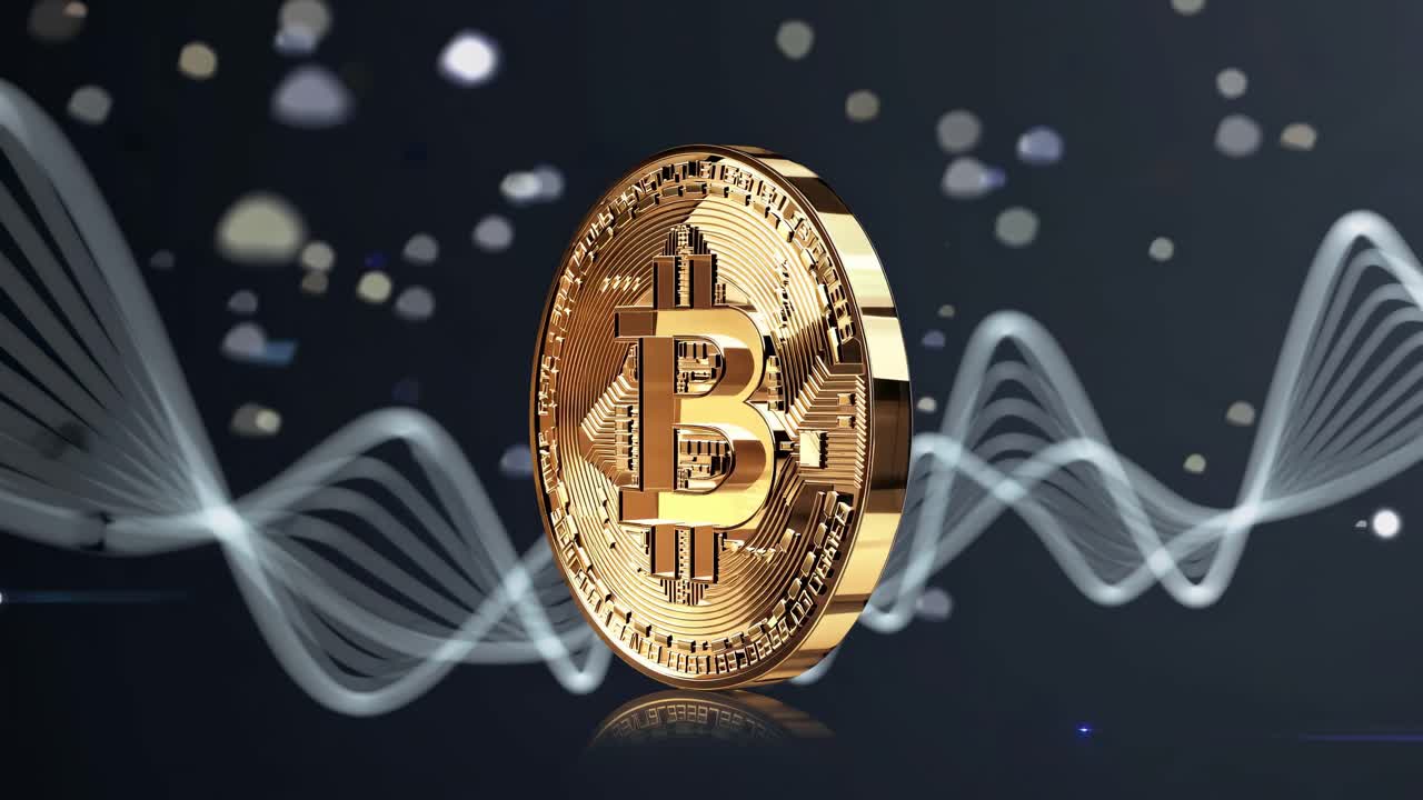 Una moneta Bitcoin con rendering in 3D in posizione verticale, circondata da forme d'onda dinamiche