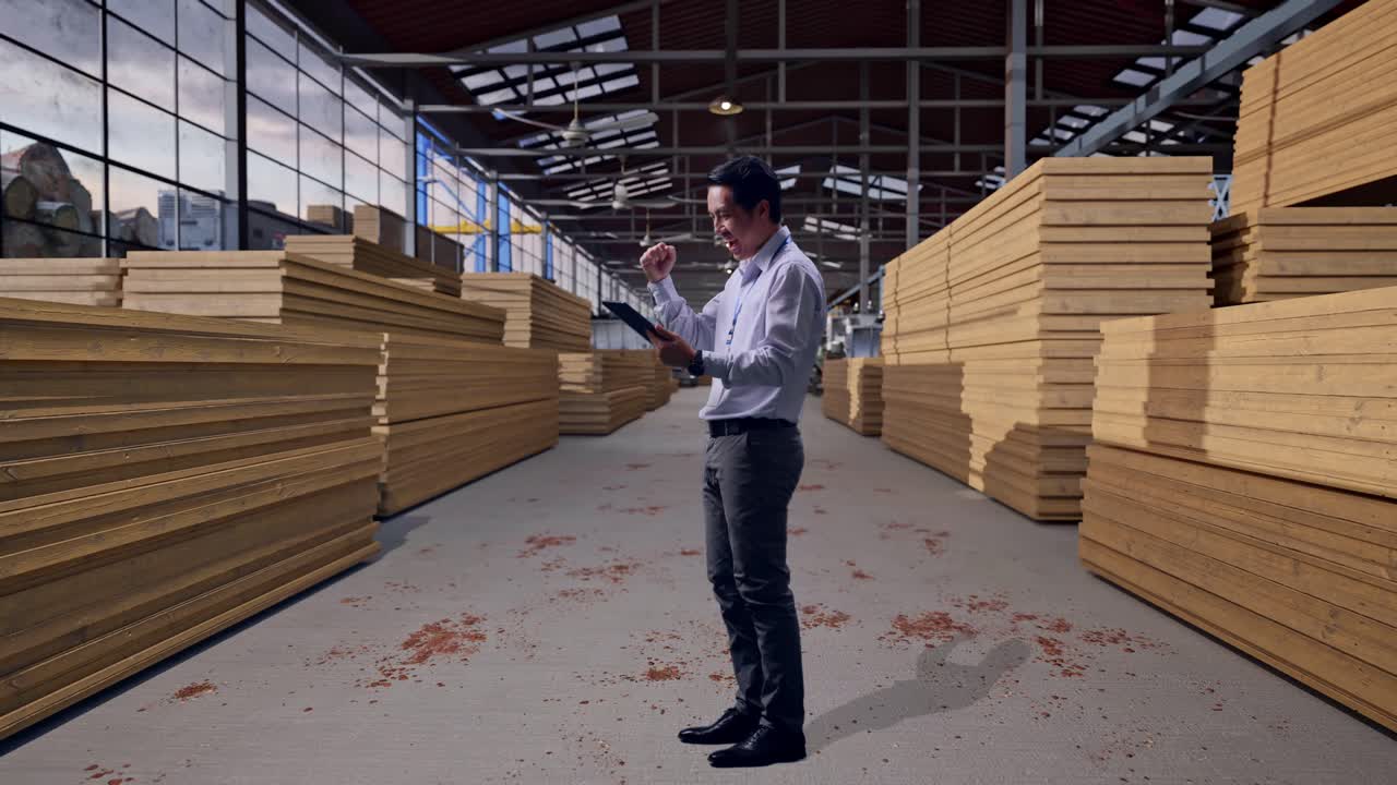 Inquadratura laterale a figura intera di un lavoratore professionista asiatico in piedi con il suo tablet, lavoratore che ispeziona un magazzino di legname, alza il pugno gridando "Goal"