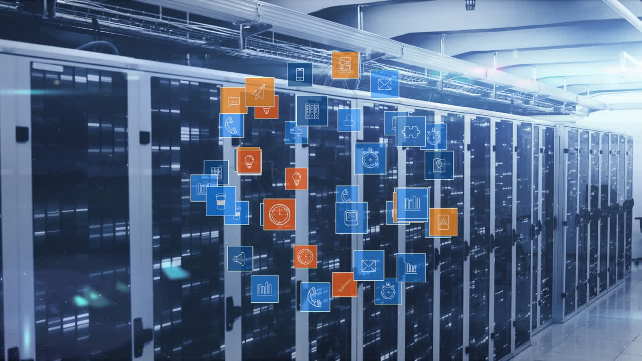 animación del globo hecho de iconos que se mueven sobre los servidores