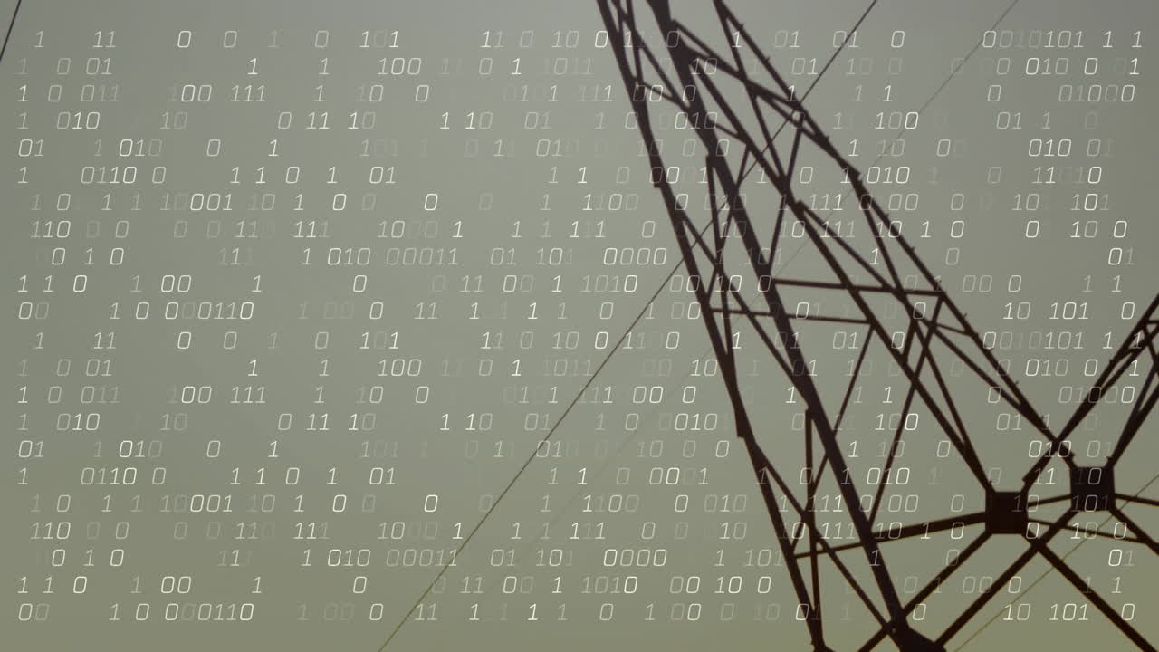 Binary code animation over silhouette of metal tower against sky