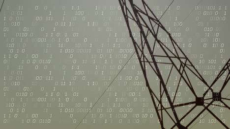 binary code animation over silhouette of metal tower against sky