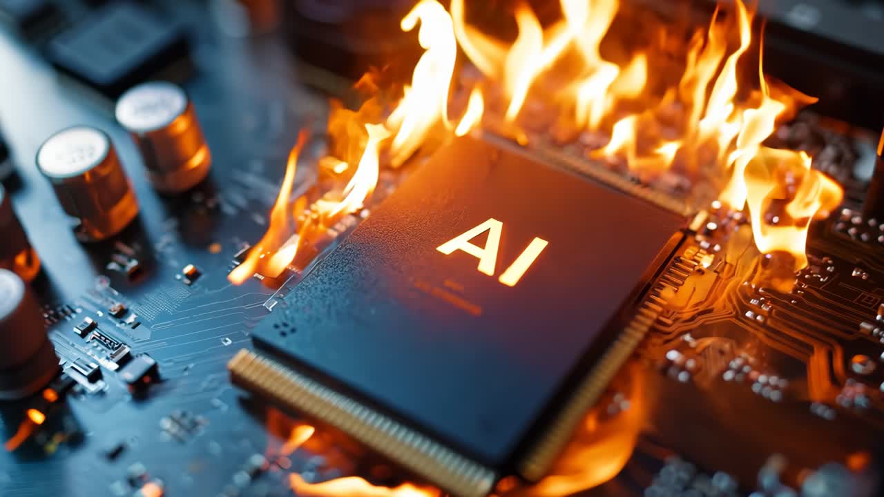 A computer chip on fire on top of a motherboard