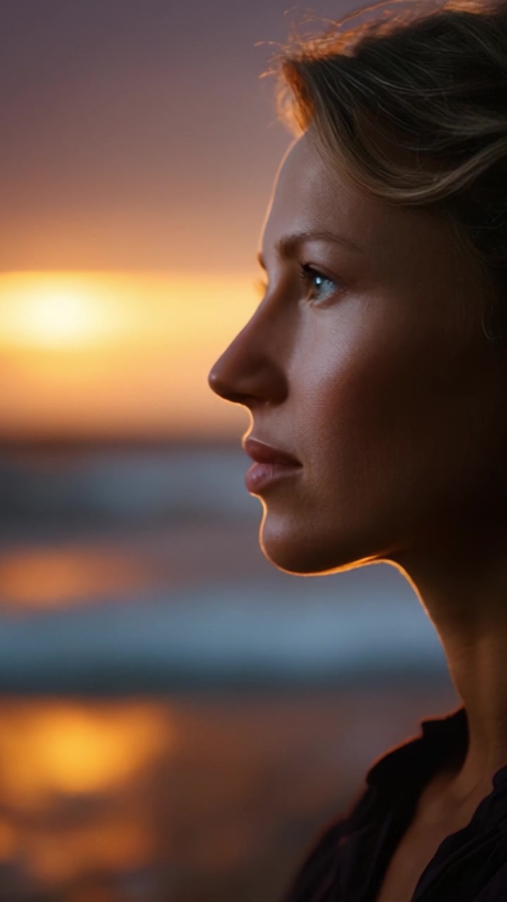 Serene Woman in Profile Against a Breathtaking Sunset Over the Ocean, Capturing Tranquility and Reflection in a Moment of Peace and Contemplation