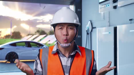 close up of wondering asian male engineer with safety helmet saying why working doubtfully with home energy storage system in a modern garage