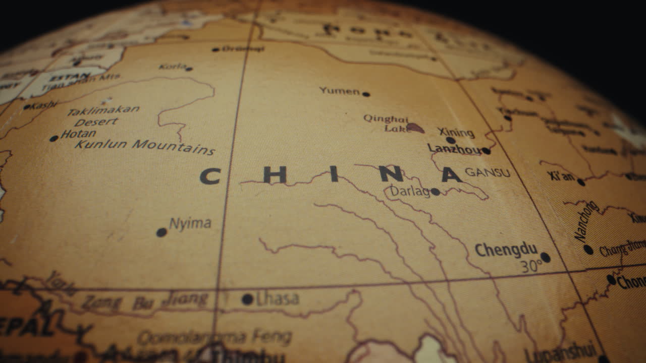 Close-up of a vintage world map focusing on China
