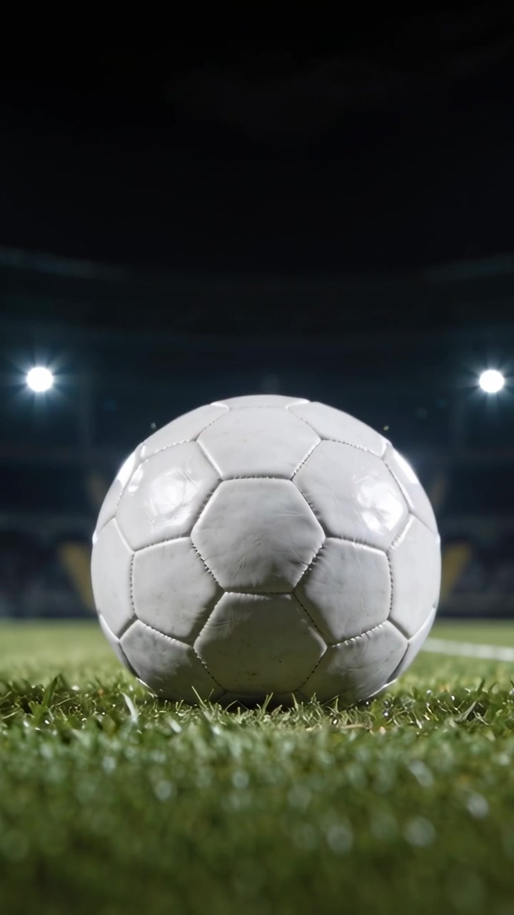 Dikey video: Kamera geri çekilirken, çimlerin üzerinde duran dikişli futbol topu projektörleri ortaya çıkarıyor.