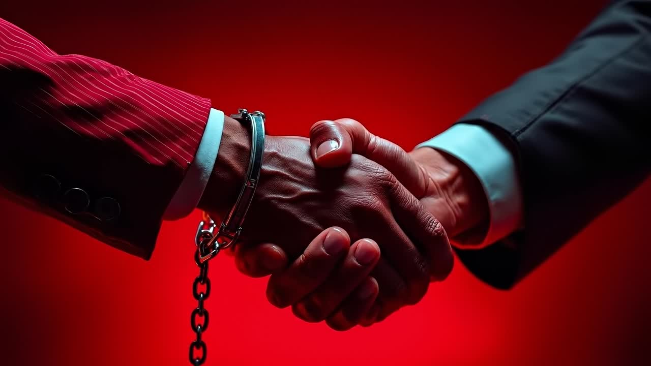 Two men shaking hands with handcuffs on their wrists