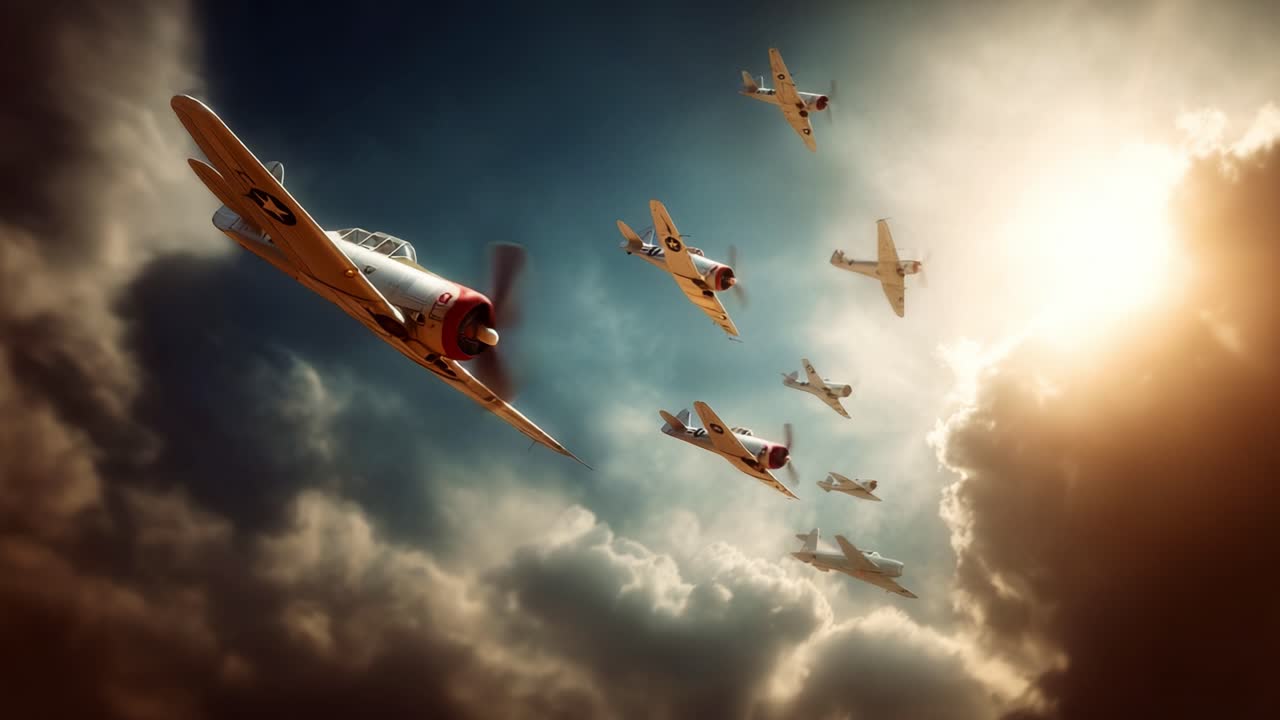 A Stunning Display of Aerobatic Artistry as Multiple Vintage Aircraft Perform a Perfect Formation Flight Against a Dramatic Sky Filled with Clouds and Sunlight