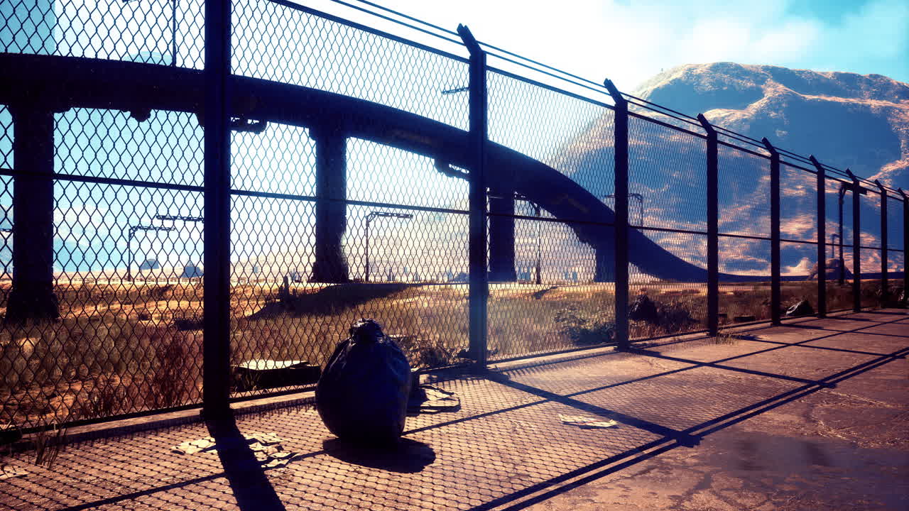 Urban landscape with abandoned garbage under a sunny blue sky
